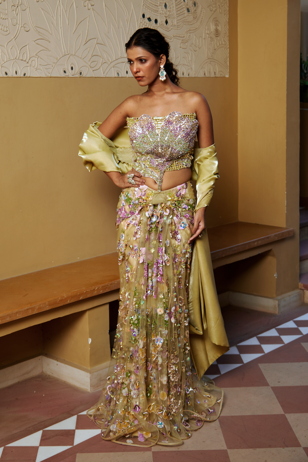 Laya Bridal Saree by Moledro, yellow pre-draped saree with floral embroidered skirt and strapless applique blouse, designed for Dubai weddings and special occasions.