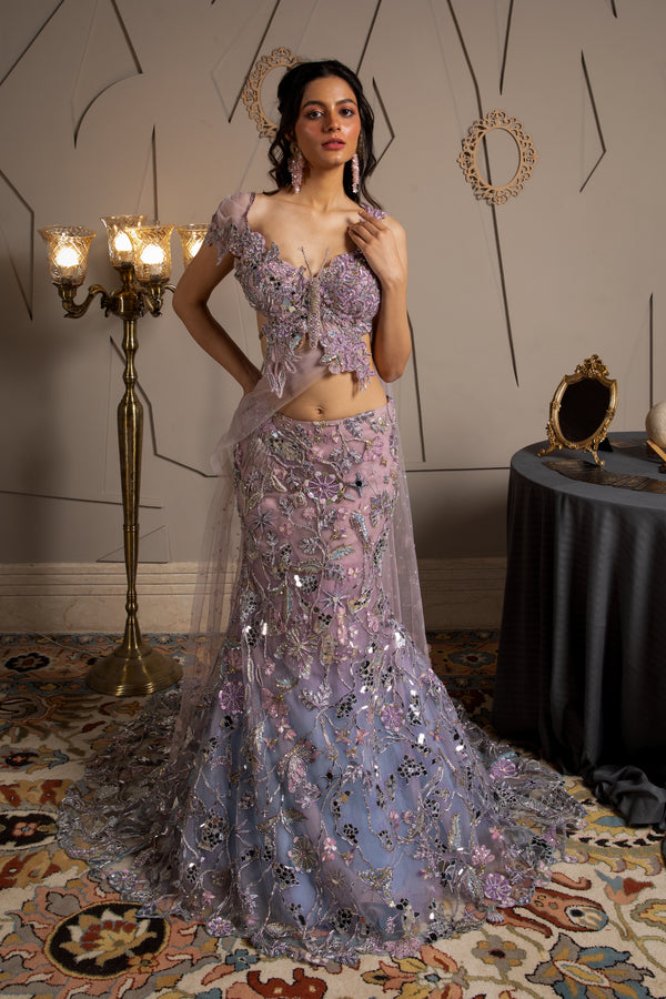 Designer Orchid tint and blue Skye Lehenga Set by Moledro – blouse, lehenga skirt, and dupatta laid flat
