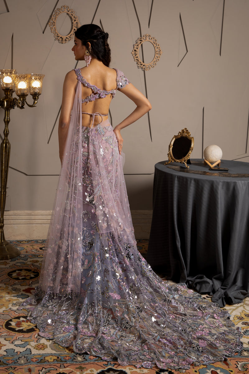 Back view of Moledro Skye Lehenga blouse with floral danglers and hook closure