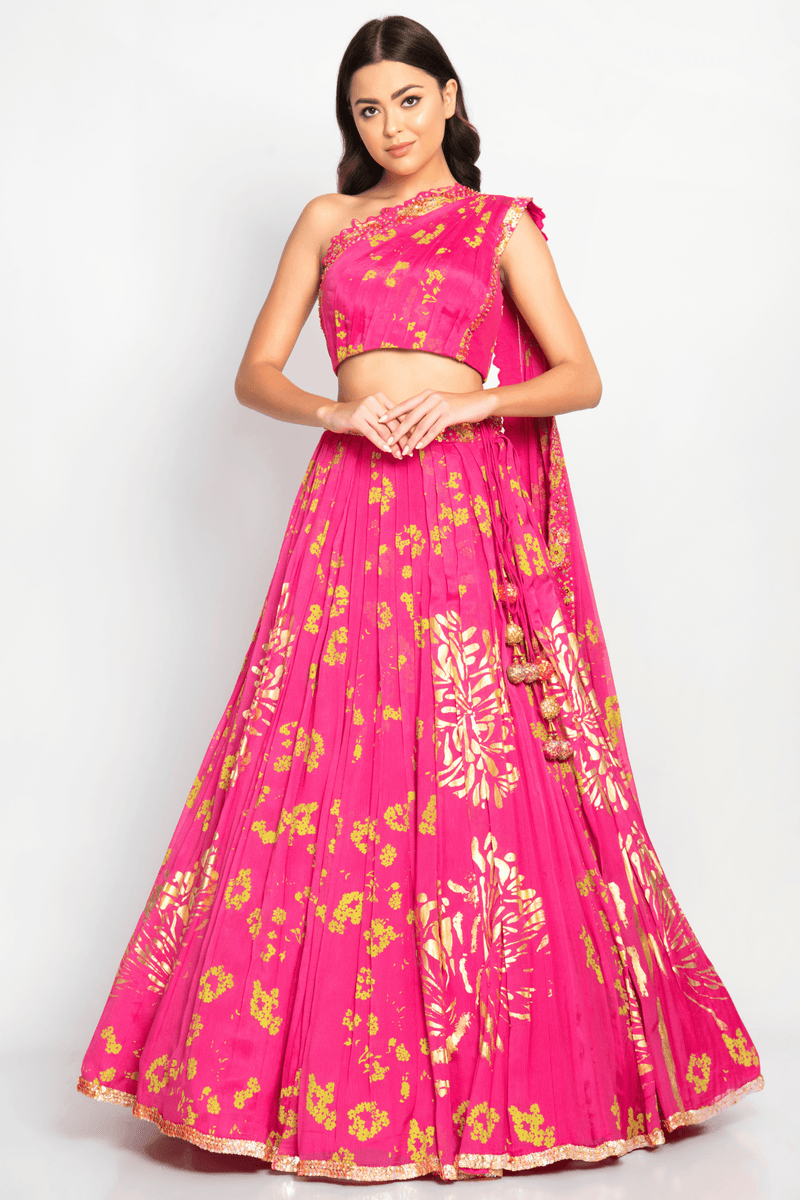 Pothys - Magenta pink lehenga with half-saree style contrast embellished  blouse in turquoise blue. | Facebook