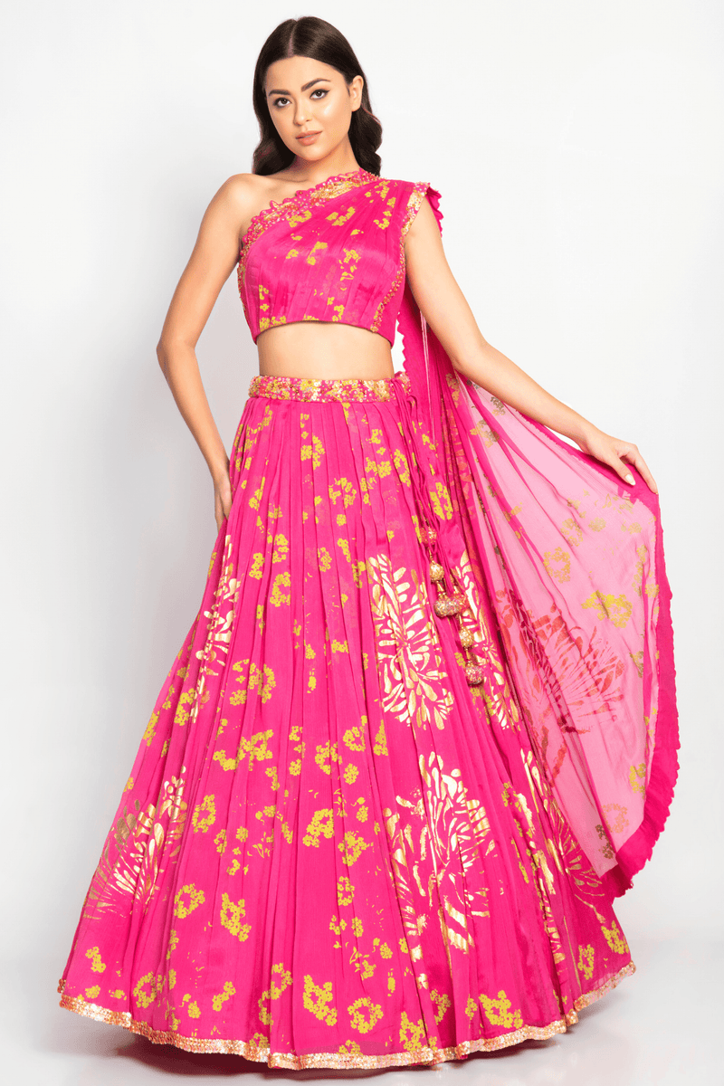 Buy Women Pink Foil Print Lehenga With One Shoulder Blouse And Dupatta (Set  Of 3) - Lehenga - Indya