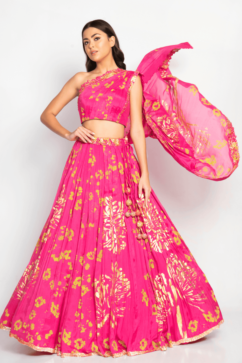 One Shoulder Pink Top With Yellow Printed Lehenga - Label PS'B- Fabilicious  Fashion