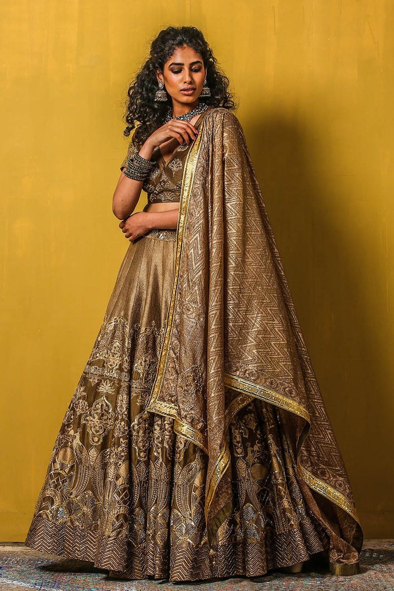 Shop Designer Dark Golden Kyra Bridal Lehenga Set for Women